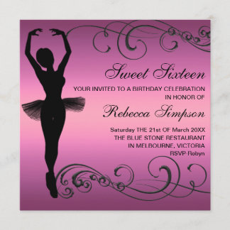 Ballerina noire et rose & Swirl Invitation Anniver