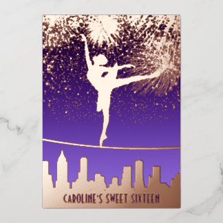 Ballerina NYC Skyline Fireworks Sweet 16 Rose Gold Folieneinladung