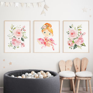 Ballerina, orangefarbenes Haar, rosa Blume, Girl-K Bilderwand Sets