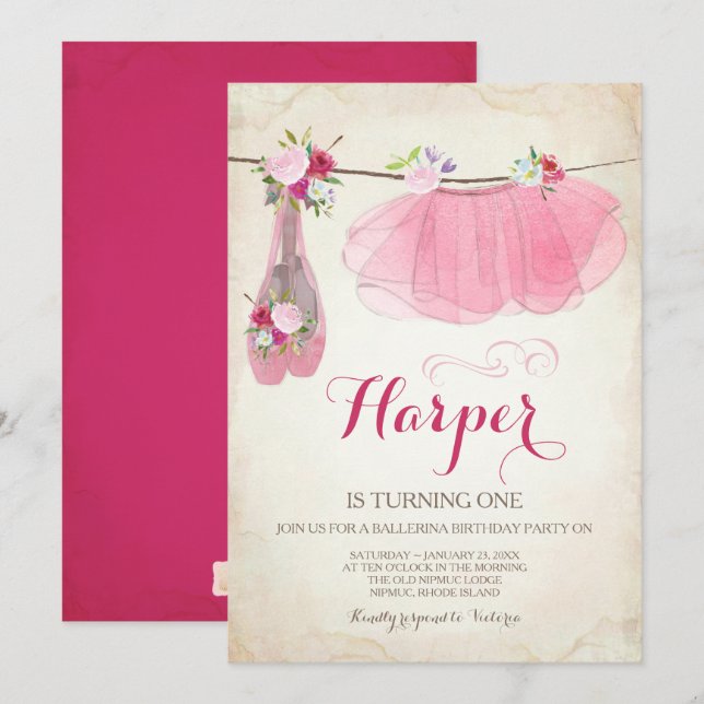 Ballerina Party Invitation Pink Tutu Ballet Chauss (Devant / Derrière)