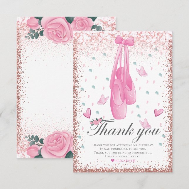 Ballerina Pastel Pink Glitzer Geburtstag Dankeskarte (Vorne/Hinten)