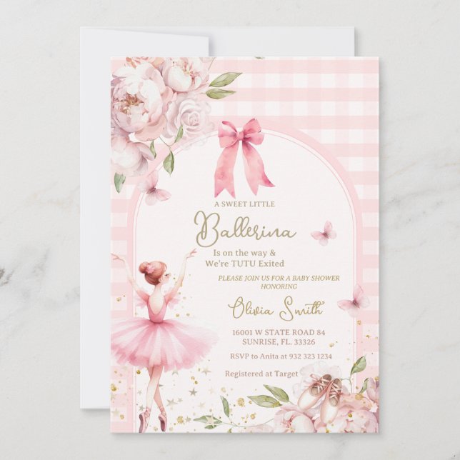 Ballerina Pink Gingham Bloral Arch Baby Dusche Einladung (Vorderseite)