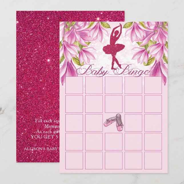 Ballerina Pink Glitzer Babydusche Bingo Einladung (Vorne/Hinten)
