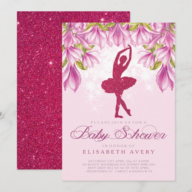 Ballerina Pink Glitzer Babydusche Einladung (Vorne/Hinten)