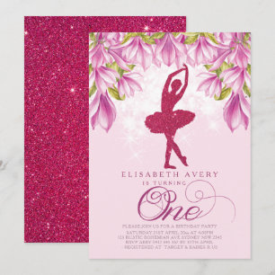 Ballerina Pink Glitzer Erster Geburtstag Einladung