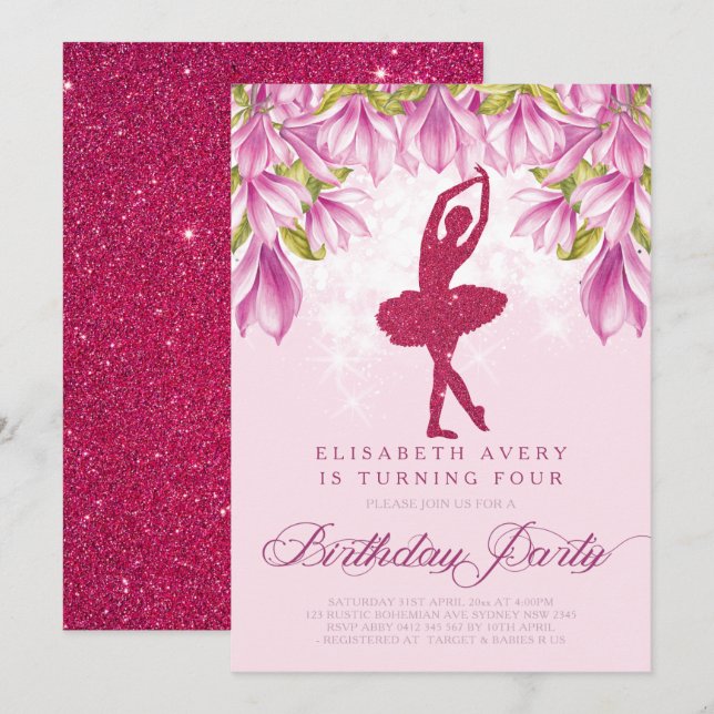 Ballerina Pink Glitzer Geburtstag Einladung (Vorne/Hinten)