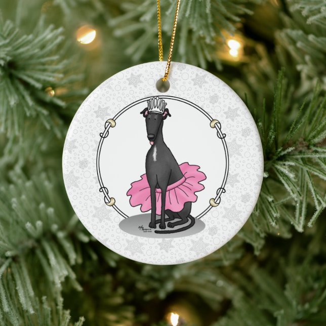 Ballerina Princess Greyhound Dog (schwarz) Keramik Ornament (Baum)