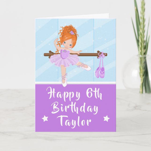 Ballerina Red Hair Girl Purple Bonne carte d'anniv (Devant)