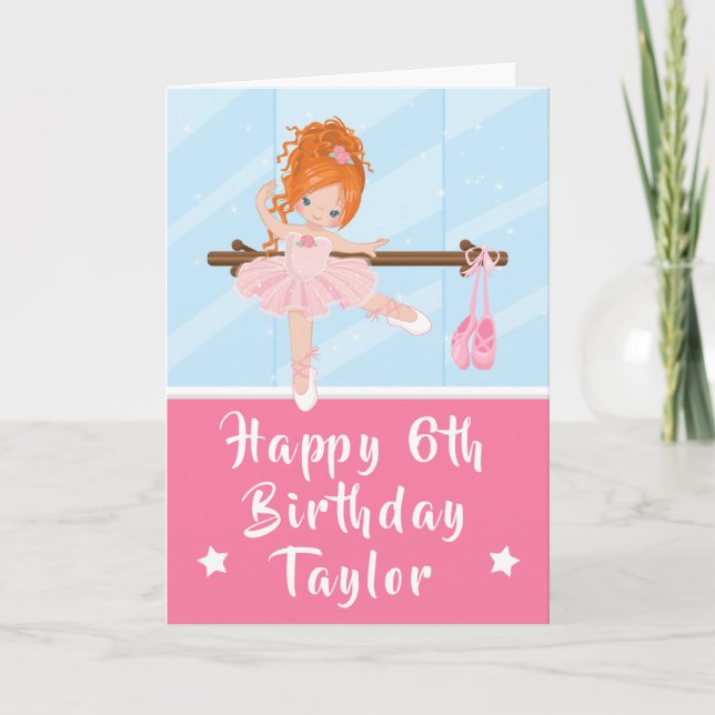 Ballerina Red Hair Girl rose Bonne carte d'anniver (Devant)