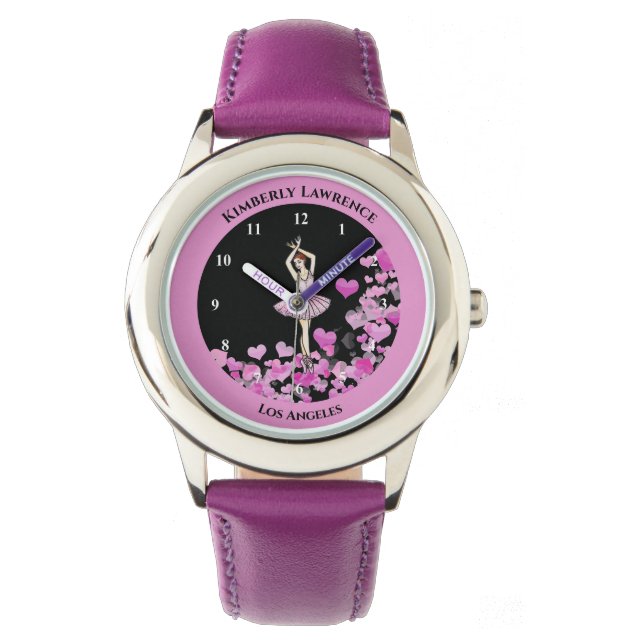 Ballerina rosa Kleid auf dem Herzen Schwarzer Hint Armbanduhr (Vorderseite)
