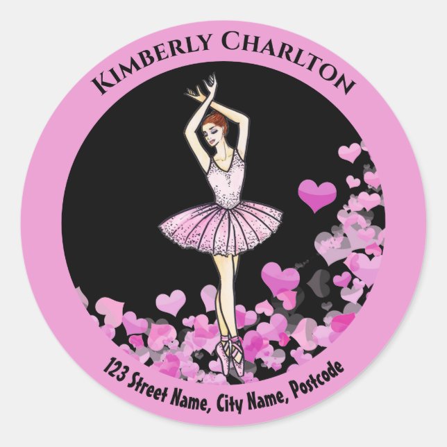Ballerina Rosa Kleid mit dem Hintergrund des Herze Runder Aufkleber (Vorderseite)