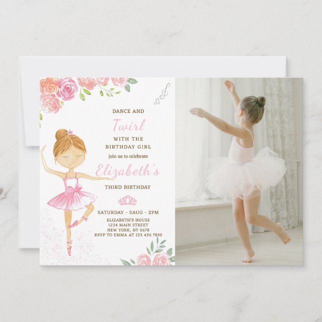 Ballerina Rose Cute Invitation Anniversaire Avec P (Devant)