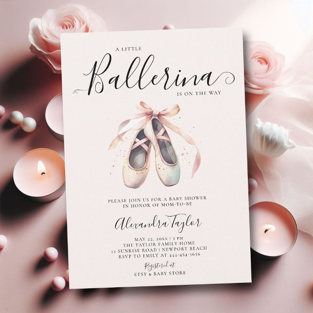 Ballerina Schuhe Pink Bow Gold Baby Girl Dusche Einladung (little ballerina baby girl shower invitation pink gold ballet shoes watercolor cute adorable)