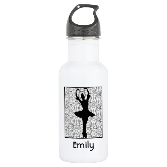 Ballerina Silhouette über ein Herz-Mandala-Muster Trinkflasche (Vorderseite)