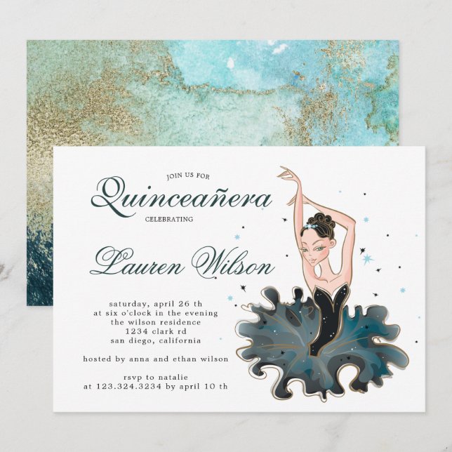 Ballerina smarald und gold Quinceanera Einladung (Vorne/Hinten)