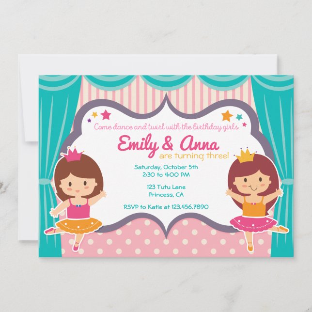 Ballerina Soeur Twins Anniversaire Fête Invitation (Devant)