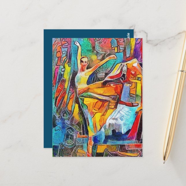 Ballerina Tanzen in farbenfrohe Landschaft Postkarte (Vorderseite/Rückseite Beispiel)