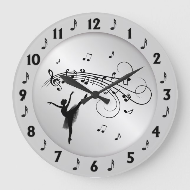 Ballerina Tanzen mit Musiknoten Silver Große Wanduhr (Vorderseite)