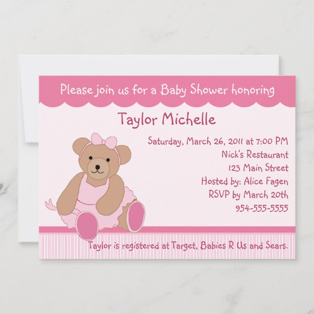Ballerina Teddy Bear Baby Shower Einladung (Vorderseite)