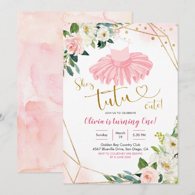 Ballerina Tutu Niedlich Erster Geburtstag Einladun Einladung (Vorne/Hinten)