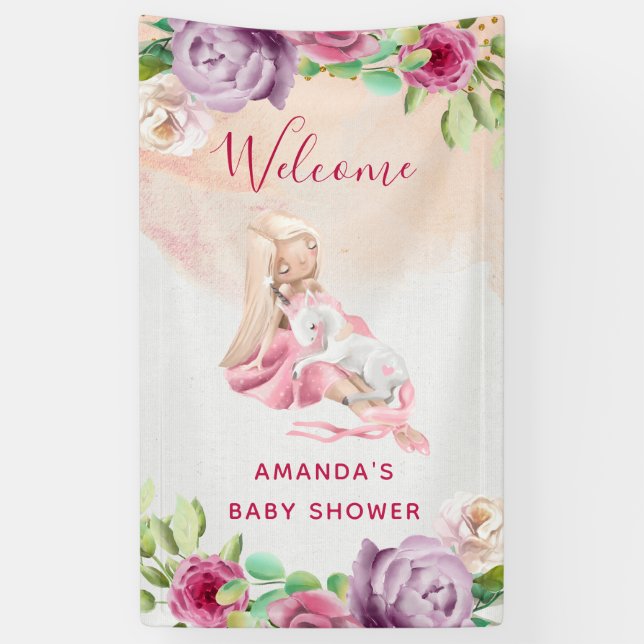 Ballerina und Baby Unicorn und Blume Banner (Vertikal)