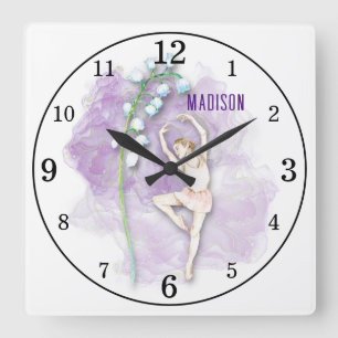 Ballerina und Maiglöckchen-Blumen auf Lila Quadratische Wanduhr