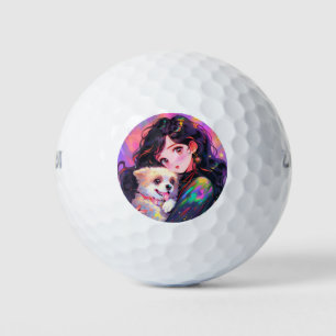 Balles De Golf Adorable Fille d'Anime Rétro & Son Chien