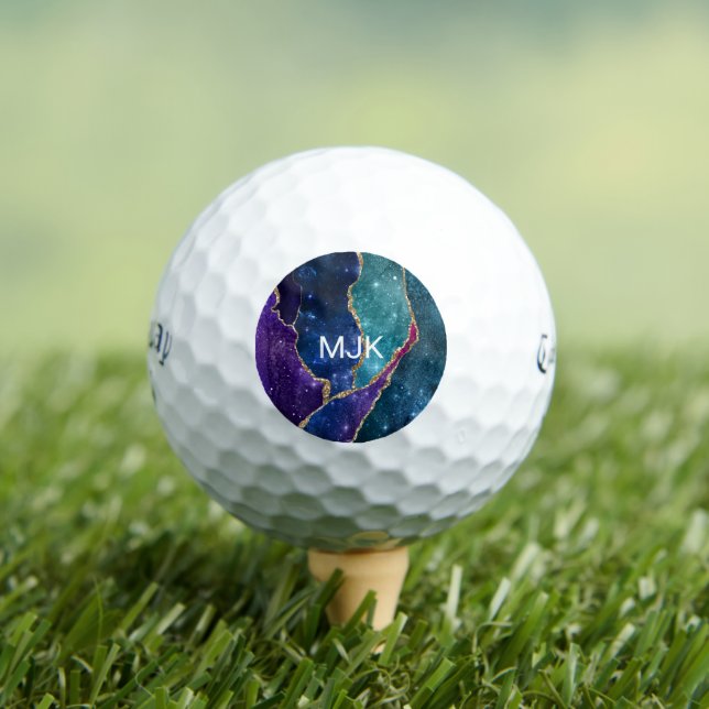 Balles De Golf Agate bleu violet Aqua Gold Veines Monogramme (T-shirt Insitu)
