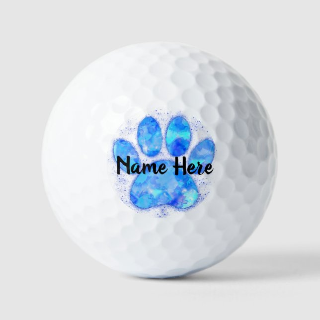 Balles De Golf Aquarelle bleue Chien Empreinte de patte Nom perso (Recto)
