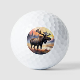 Balles De Golf Aquarelle d'orignal au lever du soleil