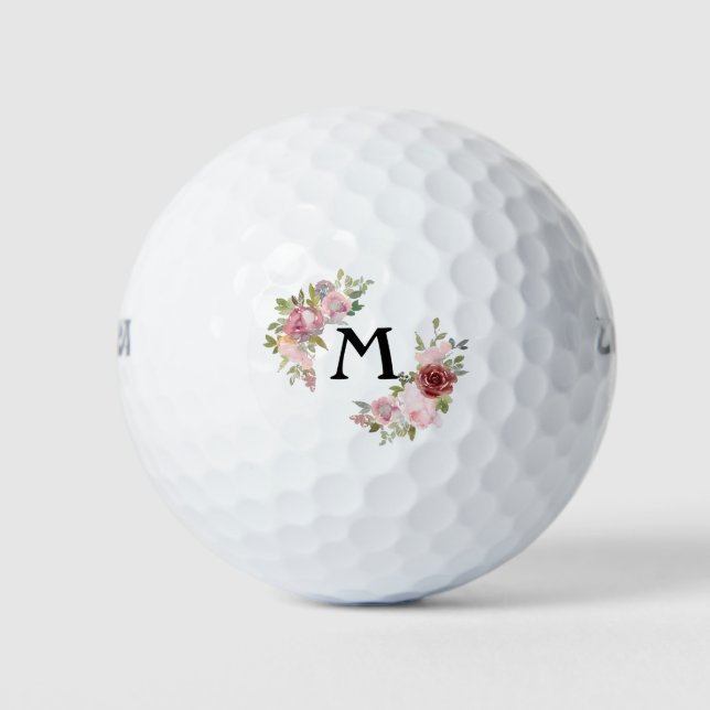 Balles De Golf Aquarelle Floral Rose Roses Monogramme (Devant)