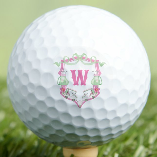 Balles De Golf Aquarelle Pink & Green Golf Panier Monogram Crest (Créateur téléchargé)