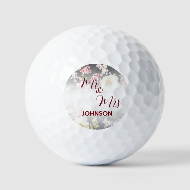 Balles De Golf Aquarelle rose Roses jaunes, noir flou, Mariage (Recto)