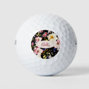 Balles De Golf Aquarelle rose Roses jaunes sur noir, Monogramme
