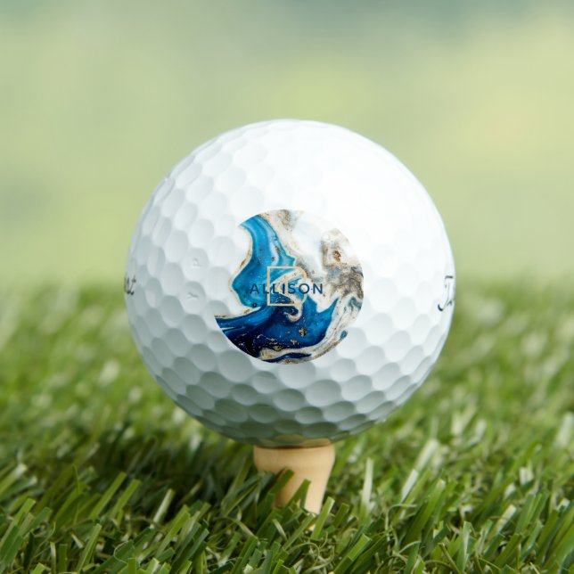 Balles De Golf Bleu blanc marbre or Abstrait Art Monogramme (T-shirt Insitu)