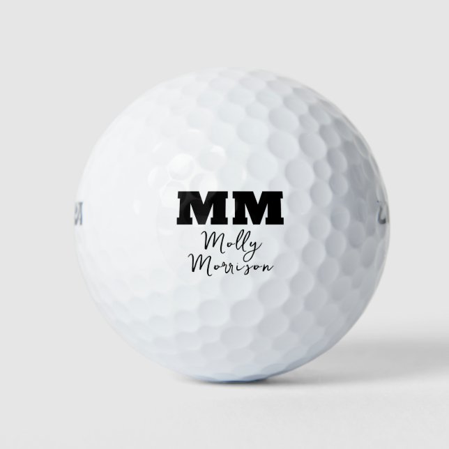 Balles De Golf Calligraphie noire en gras Monogramme et nom (Devant)