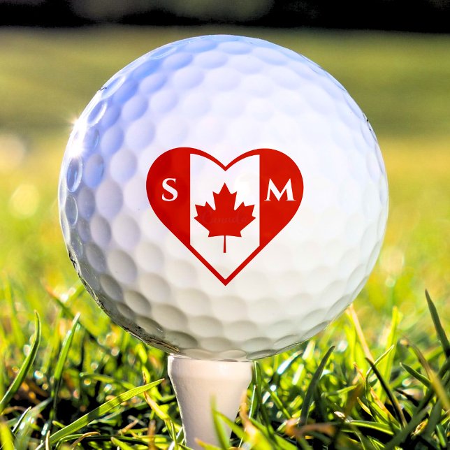 Balles De Golf Canada Initiales de coeur rouge et blanc Drapeau c (canada canadian flag maple leaf heart shape monogram initials golf ball)