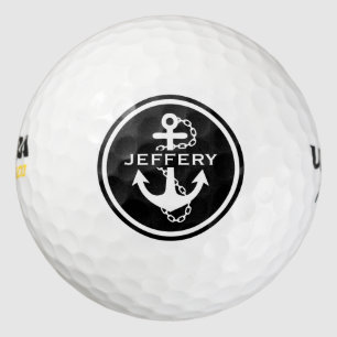 Balles De Golf Cercle noir et blanc monogramme et Ancre nautique