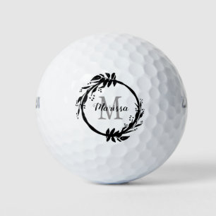 Balles De Golf Chic Girl Noir & Blanc Monogramme Nom Wreath