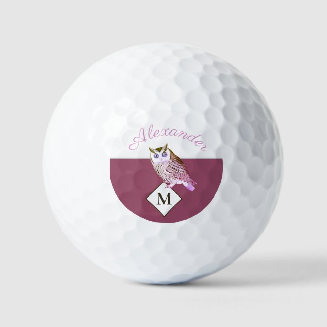 Balles De Golf Chouette rose Mauve Nom du monogramme Tête de golf (Recto)