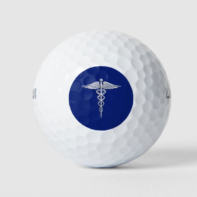 Balles De Golf Chrome Comme Caduceus Symbole Médicale sur Marine  (Devant)