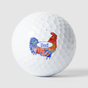 Balles De Golf Coq Rouge Poulet Peinture Aquarelle Bleue Papa