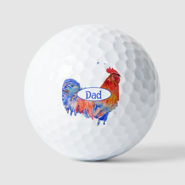Balles De Golf Coq Rouge Poulet Peinture Aquarelle Bleue Papa (Recto)