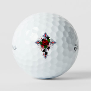 Balles De Golf Croix d'argent avec une rose rouge