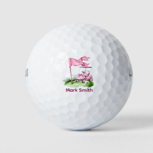 Balles De Golf Drapeau rose de golf et chariot rose avec nom