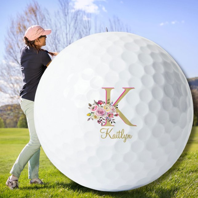 Balles De Golf Élégant Floral Or rose Personnalisé Monogramme Nom (Créateur téléchargé)