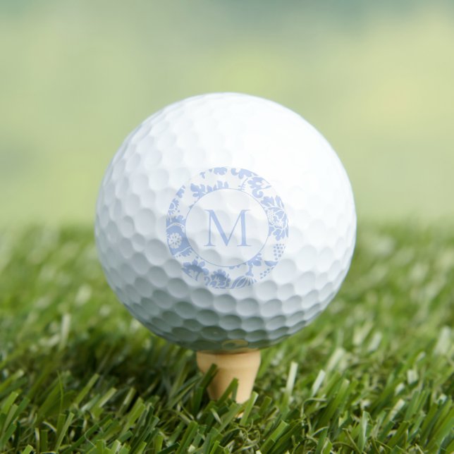 Balles De Golf Élégant Monogramme Floral Bleu (T-shirt Insitu)