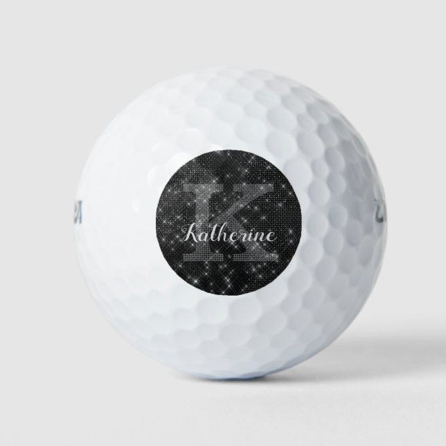 Balles De Golf Fille Diamant Noir Étincelle Cool Nom du monogramm (Devant)