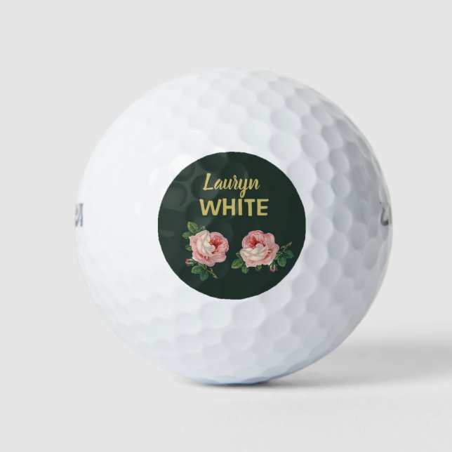 Balles De Golf Fleur rose et feuilles sur vert foncé (Devant)