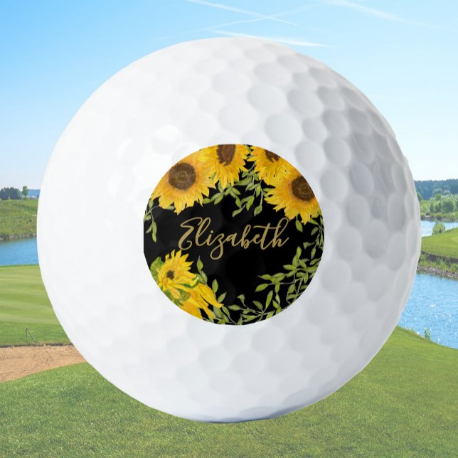 Balles De Golf Fleurs de soleil jaune Floral nom personnalisé dam (Créateur téléchargé)